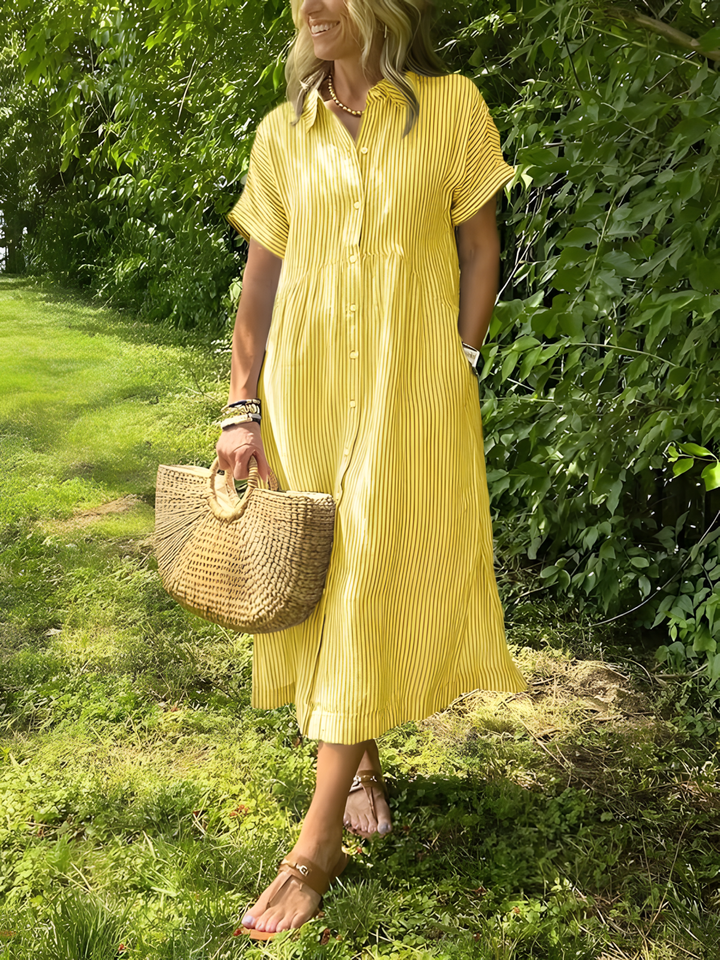 Estela – Vestido largo de rayas con escote en V y bolsillos
