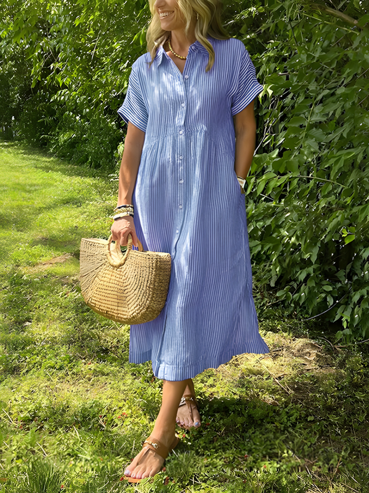 Estela – Vestido largo de rayas con escote en V y bolsillos