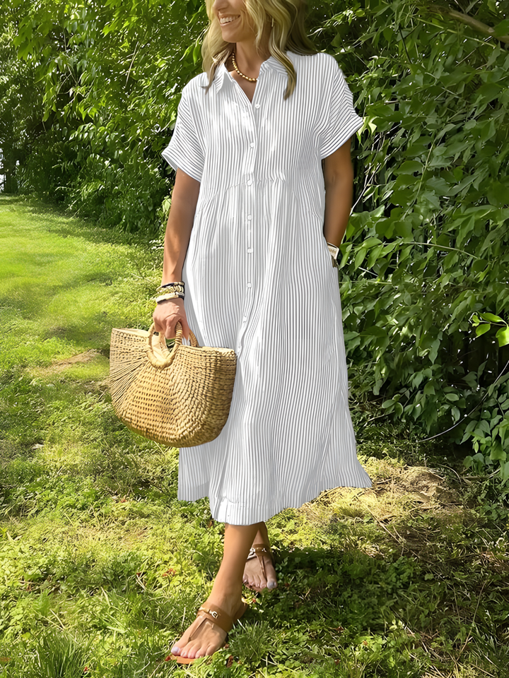 Estela – Vestido largo de rayas con escote en V y bolsillos