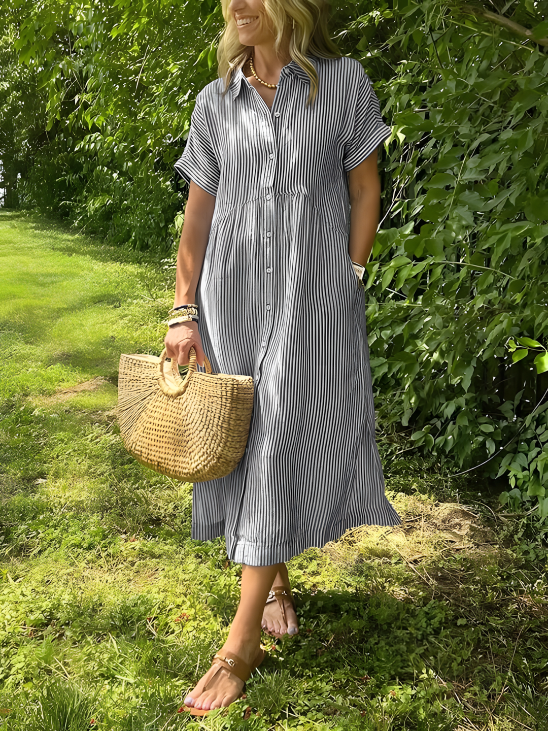 Estela – Vestido largo de rayas con escote en V y bolsillos