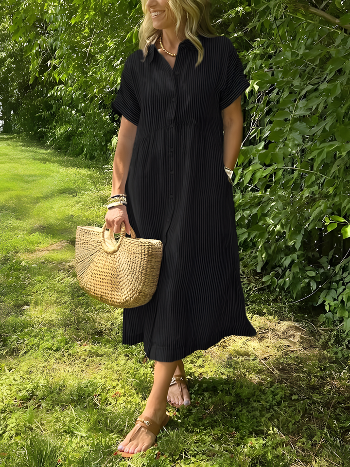 Estela – Vestido largo de rayas con escote en V y bolsillos