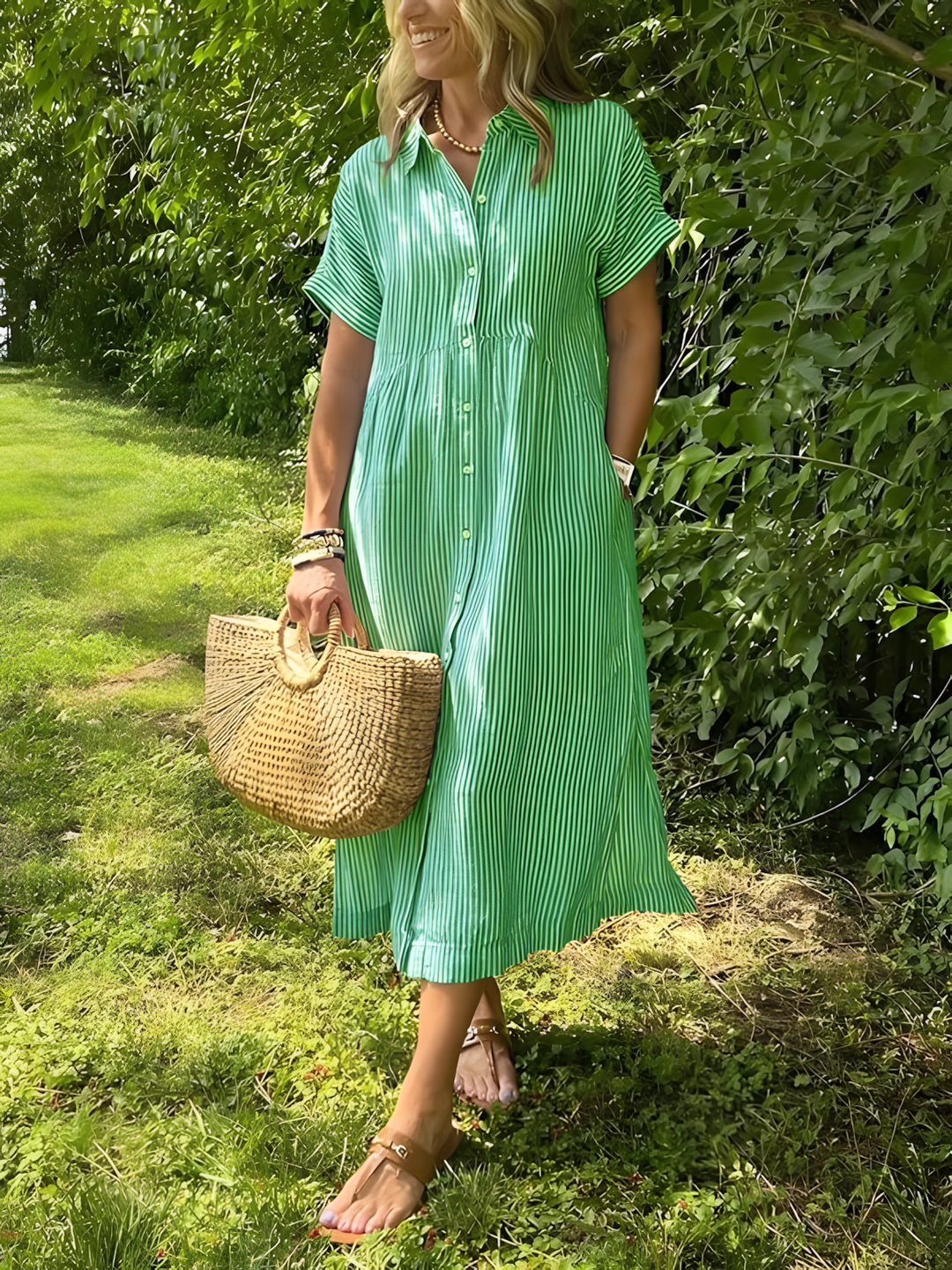 Estela – Vestido largo de rayas con escote en V y bolsillos
