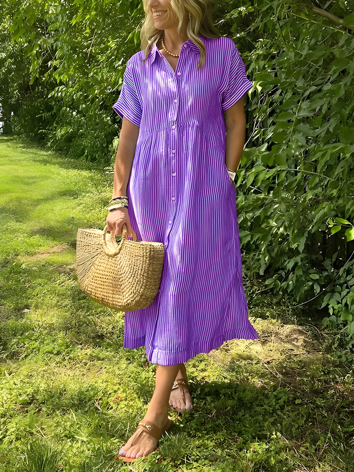 Estela – Vestido largo de rayas con escote en V y bolsillos